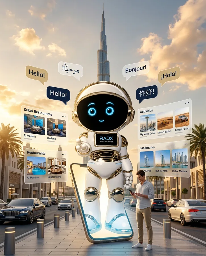 Person using RADX on a Dubai street with the RADX robot, Dubai restaurants, activities, landmarks and multilingual greetings